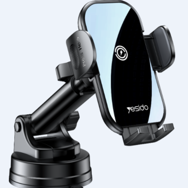 Yesido car phone mount on an adjustable arm with suction base and cradle holding a smartphone in portrait orientation.