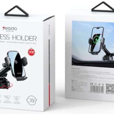Wireless car phone holder packaging showing a black mount and phone cradle with 15W charging label and compact clip design on white box art.