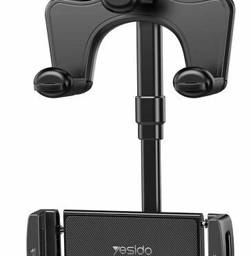 Black car phone holder with adjustable side clamps and bottom cradle Vesido branded center pad for secure mounting
