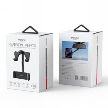 Packaging for a car rearview mirror dash cam front shows the mirror with display and mount on a white box