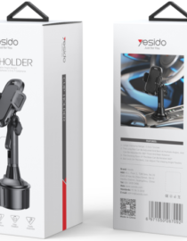 Front view of Vesido Cup Holder car phone mount packaging showing the adjustable cradle and base design on a white box image on the left