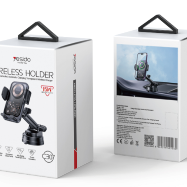 image8png - المول الشامل في الاردن Boxed wireless phone holder product packaging with a black adjustable mount shown from two angles