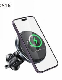 Wireless car charger with a smartphone mounted on it showing charging indicatorlogo on screen