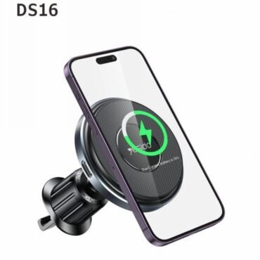 Wireless car charger with a smartphone mounted on it showing charging indicatorlogo on screen