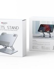 Two white product boxes showing an adjustable tabletphone stand front box features the text TABLETS STAND and a silver stand image