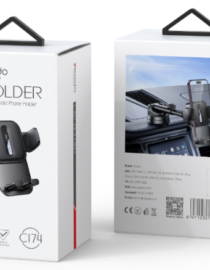 Packaging box for a car phone holder with suction cup and windshield mount shown from front and back views on white cartons