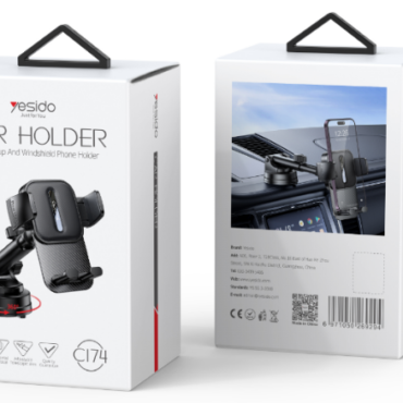 Packaging box for a car phone holder with suction cup and windshield mount shown from front and back views on white cartons