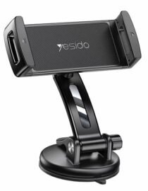 Car phone holdermount with adjustable arm and suction base holding a phone landscape facing screen Yesido