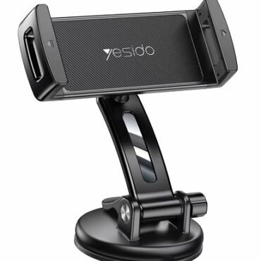 Car phone holdermount with adjustable arm and suction base holding a phone landscape facing screen Yesido