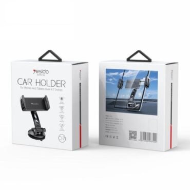 Boxed car phone holder packaging showing front and back views front highlights product name CAR HOLDER and mount with cradle back shows the holder in use on a car dash and a barcode image behind it