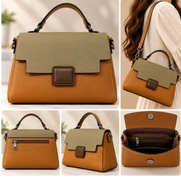 Two-tone handbag with olive flap and tan body, top handle, and detachable strap, shown from multiple angles.