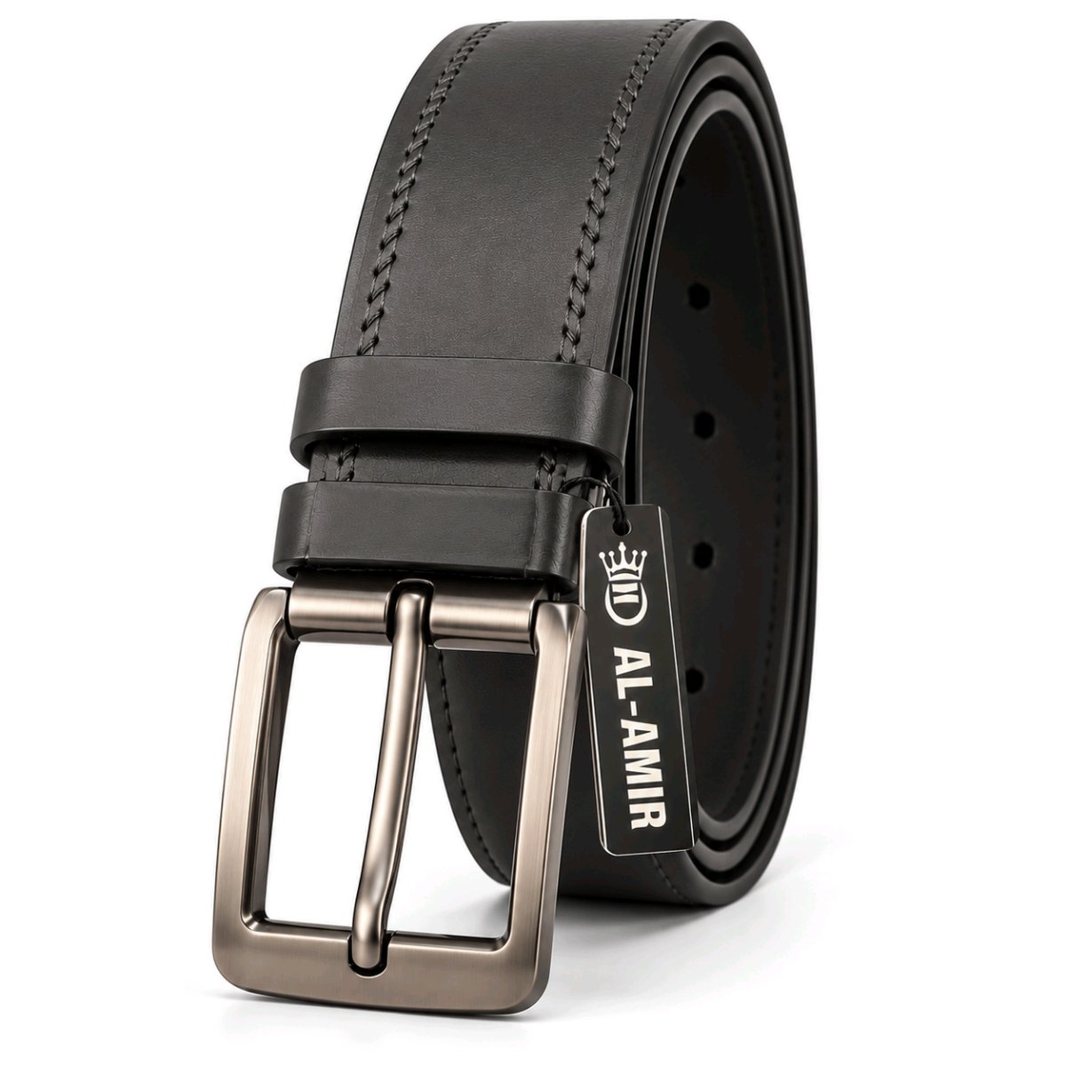 Black leather belt with double-stitched edges and a brushed metal buckle