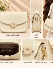 Product collage showing a cream colored handbag with measurements height ~16 cm length ~23 cm depth ~7 cm features a square clasp and gold tone hardware