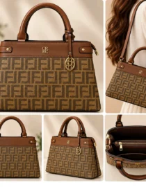 Brown designer handbag with tan leather trim and gold hardware featuring a repeating monogram pattern and a hanging charm