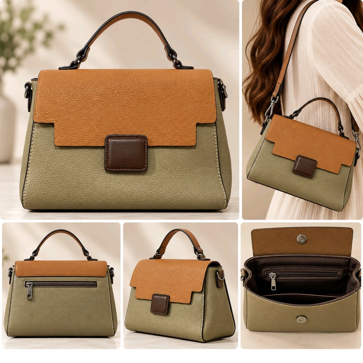 Two-tone handbag with an orange flap, olive body, brown square clasp, and a top handle.
