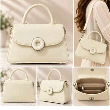 Cream handbag with rounded top handle and circular metal clasp shown from multiple angles