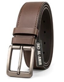 Brown leather belt with a brushed metal buckle coiled and showing a black AL AMIR tag
