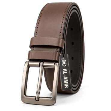 Brown leather belt with a brushed metal buckle coiled and showing a black AL AMIR tag