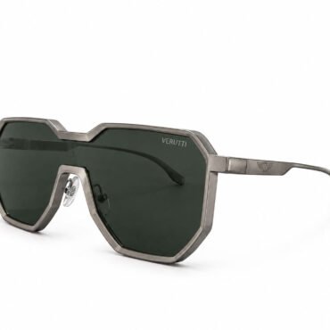Metal-framed sunglasses with dark rectangular lenses and angular shape, Verutti branding on the frame's front edge