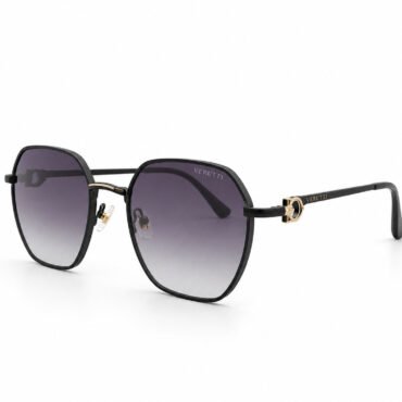 Black sunglasses with square gradient purple lenses, gold accent nose bridge, and Verutti logo on the temple