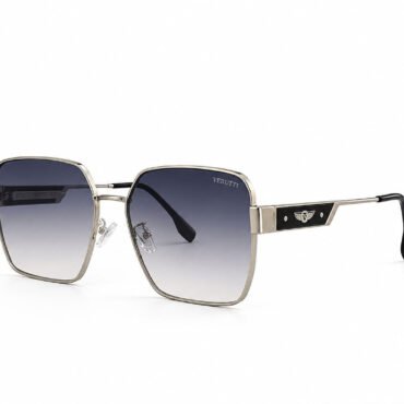 Gold-tone square sunglasses with gradient blue-to-clear lenses and Verutti branding on the lens; black temple tips visible on right side.