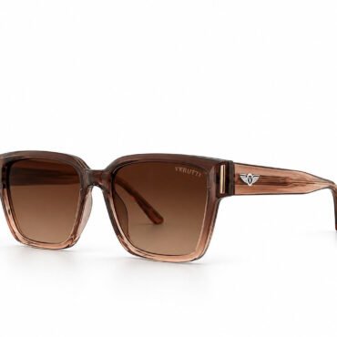 Brown translucent square sunglasses with gradient brown lenses; Verutti branding on the lens and a winged logo on the temple.