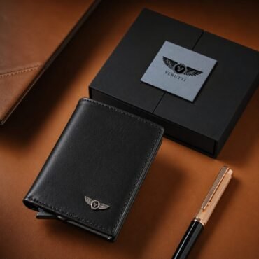 Black leather wallet with a small metal winged emblem, laid on a brown surface beside a Verutti gift box and gold-accented pen.