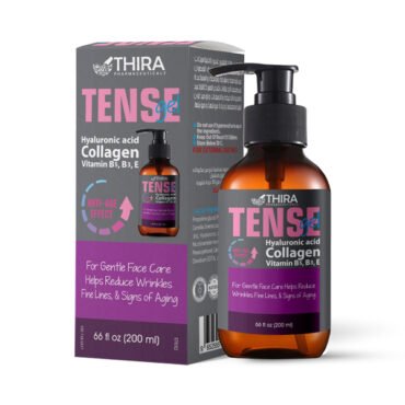Bottle and box of THIRA TENSE gel with hyaluronic acid and collagen, for anti-age facial care; 66 fl oz (200 ml).