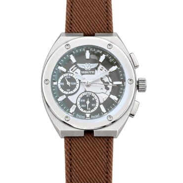 Stainless steel chronograph watch with a brown fabric strap and a detailed black dial showing subdials and markers