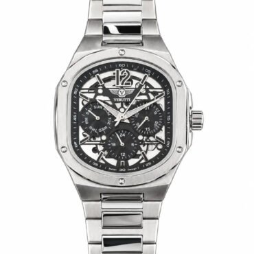 Stainless steel skeleton wristwatch with exposed gears and three subdials on a metal link bracelet