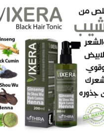 VIXERA Black Hair Tonic bottle and box with ginseng he shou wu black cumin and henna ingredients displayed nearby