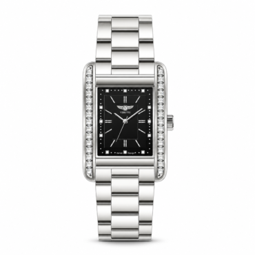 Silver rectangular wristwatch with a black dial, diamond-studded side bezels, and a metal bracelet.