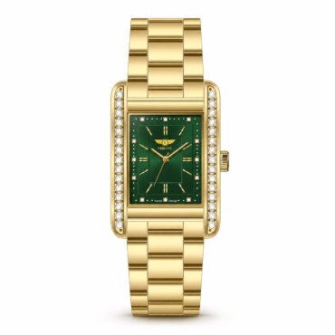 Gold-tone wristwatch with a green rectangular dial and diamond-studded side bezels for a luxurious look.