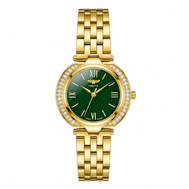 Gold-toned women's wristwatch with a green textured dial and diamond-studded bezel.