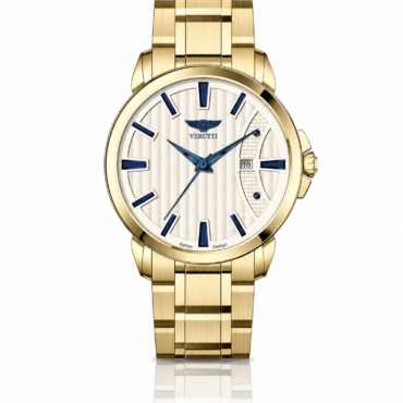 Gold-tone wristwatch with a brushed metal bracelet, white striped dial, blue index markers, and a date window at 3 o'clock (Veruti/Verutti brand).