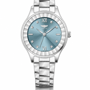 Silver-toned wristwatch with a blue sunburst dial, Roman numerals XII and VI, and a metal link bracelet.