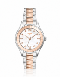 Two tone wristwatch with a rose gold bezel and silver band mother of pearl dial and Roman numerals XII and VI at top and bottom Verutti brand
