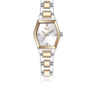 Two-tone silver and gold wristwatch with a rectangular face and diamond markers on a linked band.