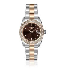 Verutti womens two tone wristwatch with a diamond studded bezel brown sunburst dial and date window at 3 oclock
