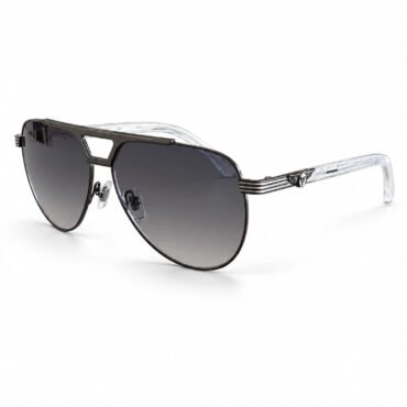 Aviator sunglasses with dark gradient lenses and a double bridge, metallic frame, and clear plastic temples boasting a small emblem on the side.