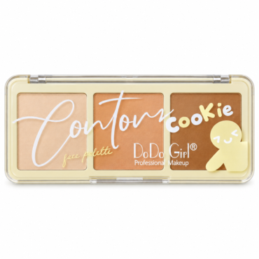Contour Cookie face palette with three warm-toned powders in a clear case, plus a yellow cookie graphic