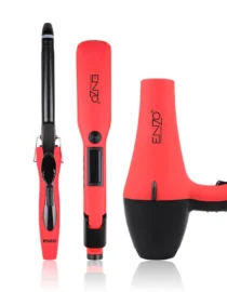 بكج-العروس-1080-حرارة-ENZO-الايطالي-1 - المول الشامل في الاردن Set of three red ENZO professional hair styling tools curling iron straightener and boot dryer against a white background