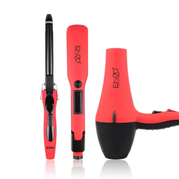 Set of three red ENZO professional hair styling tools: curling iron, straightener, and boot dryer against a white background.