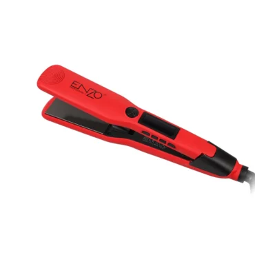 Red professional hair straightener with digital display and black plates, angled view from the side.