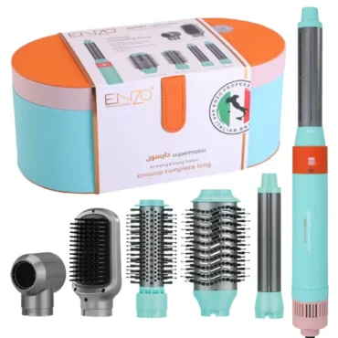 Complete Enzo professional hair styling kit with turquoise attachments and an orange-and-teal case, including brushes and curling wand.