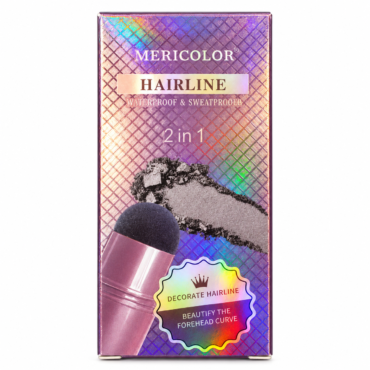 Mericolor Hairline 2 in 1 makeup box with pink applicator brush on a holographic, patterned background