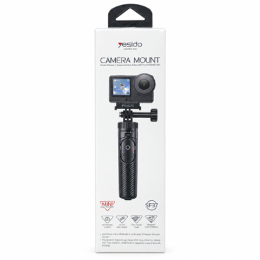 Boxed Esido Camera Mount with handheld gimbal stabilizer and action camera on a white background.
