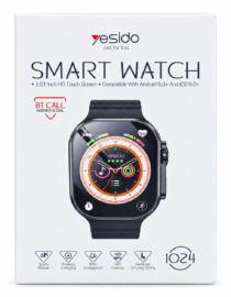 Yesido Smart Watch packaging featuring a black smartwatch with a colorful circular dial on a white box surface