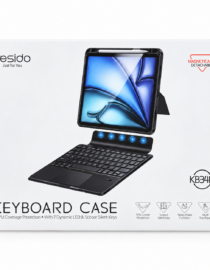 Boxed Yesido Keyboard Case product with a tablet mounted on a keyboard blue tablet display and seven blue LED indicators along the hinge area