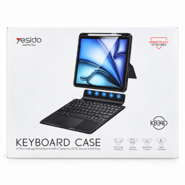 Boxed Yesido 'Keyboard Case' product with a tablet mounted on a keyboard, blue tablet display and seven blue LED indicators along the hinge area.